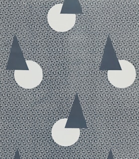 A repeating pattern features dark blue triangles partially overlapping white circles on a textured background. The texture consists of numerous small, white dots arranged in a grid-like fashion.
