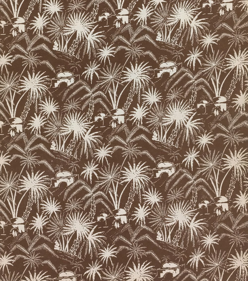 a brown and white wallpaper with white flowers