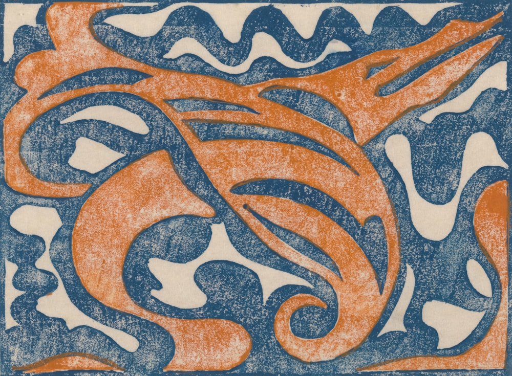 a blue and orange tile with a stylized design