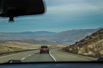A family enjoying a road trip with scenic landscapes in the background.