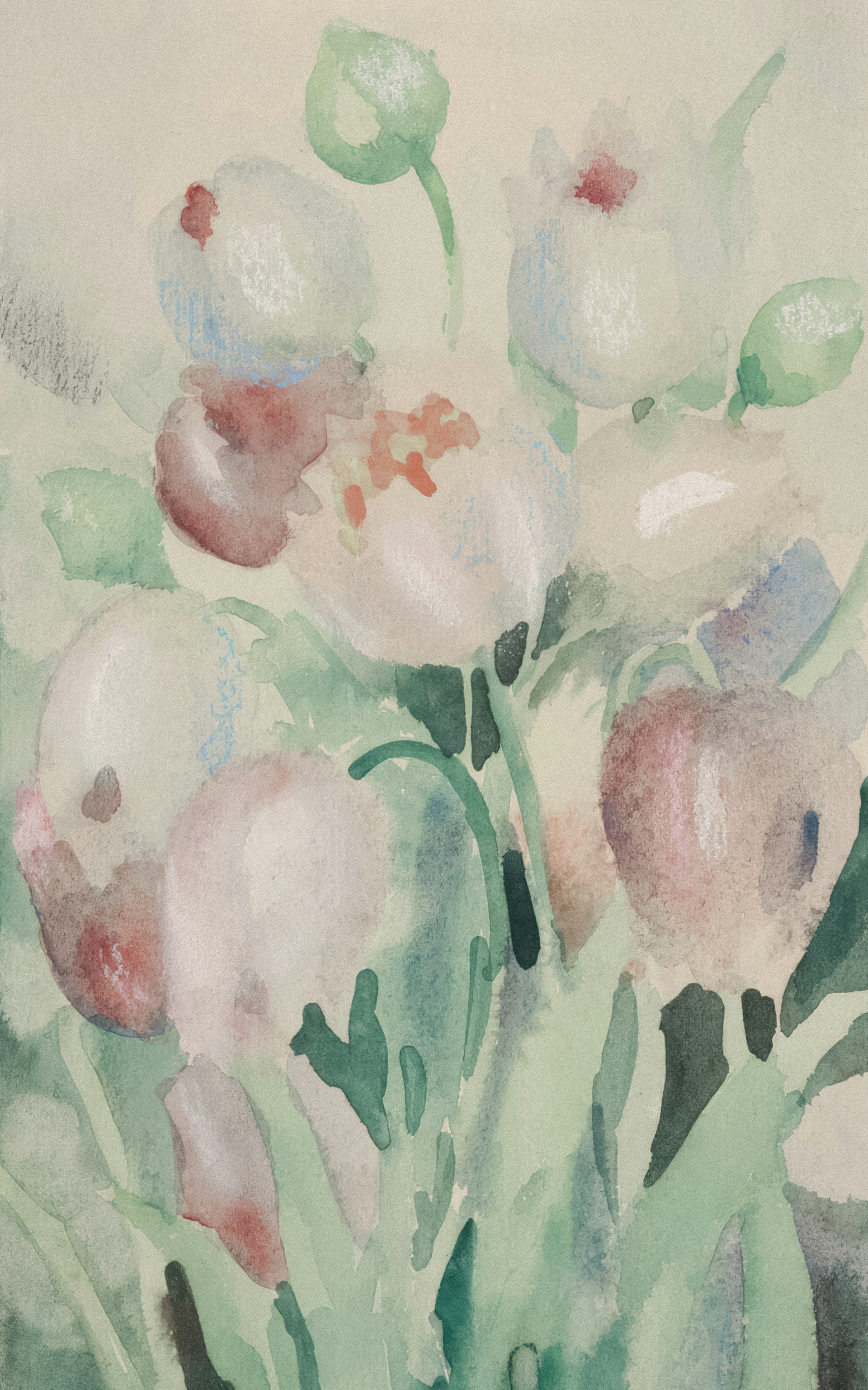 a painting of flowers in a vase on a table