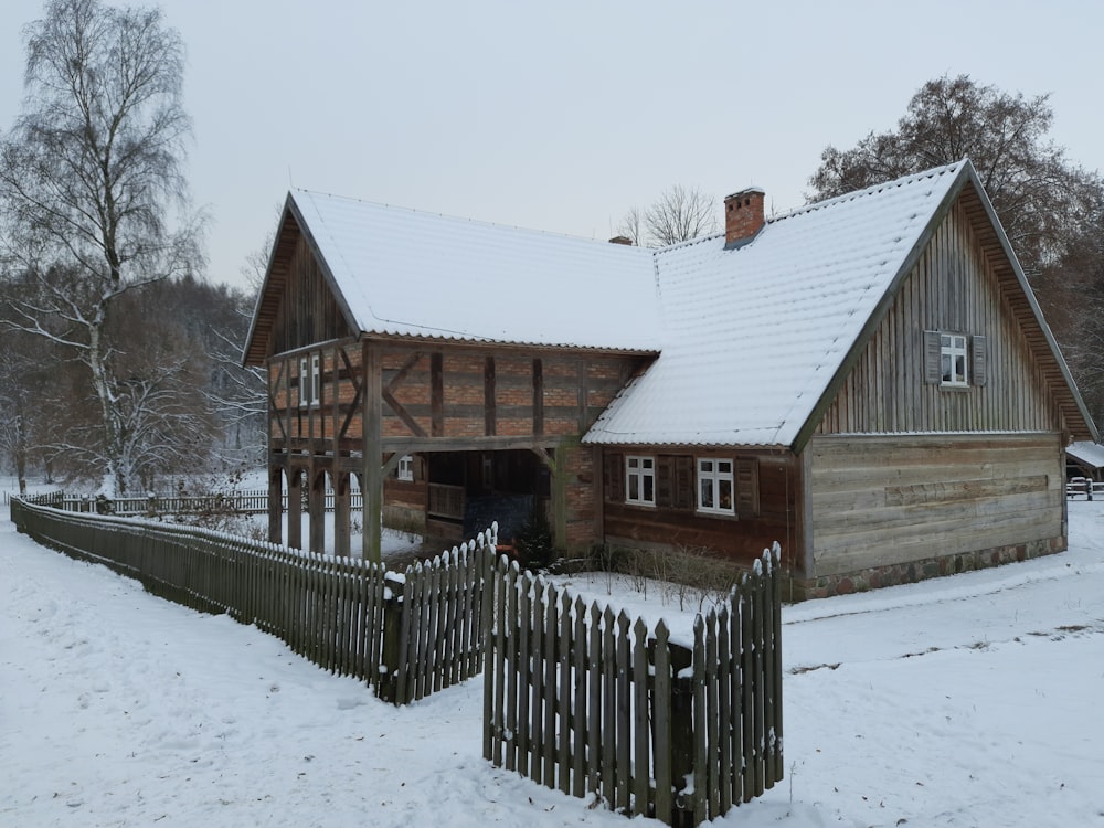 a house with a fence in front of it covered in snow