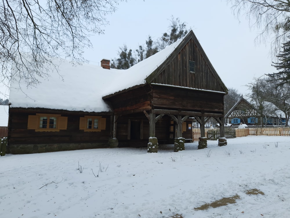 a log cabin with a snow covered roof