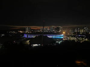 A moody nighttime cityscape with stadium lights glowing softly in the distance.