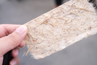 A close-up of a hand holding a textured piece of handmade paper with visible fibers and specks. The paper appears fibrous and natural, with a light beige color contrasting with the soft focus background.