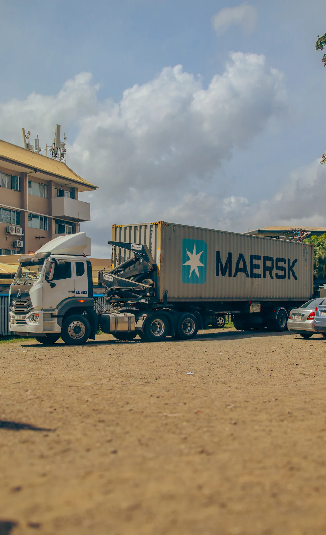 Truck carrying a shipping container