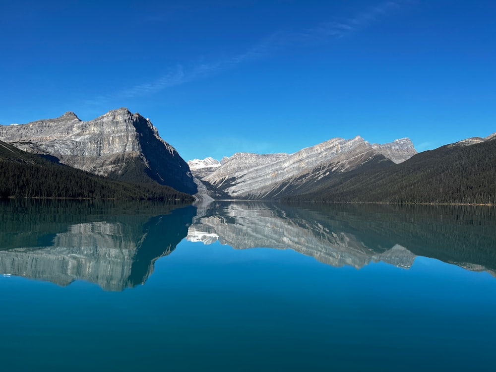 Un lago circondato da montagne con un cielo azzurro e limpido