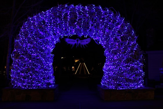 An archway made of antlers is illuminated with numerous blue-purple lights, creating a vibrant glowing effect against the dark background. A sign that reads 'Jackson Hole, WY' hangs in the center of the arch. Beyond the archway, faintly lit trees and structures can be seen.