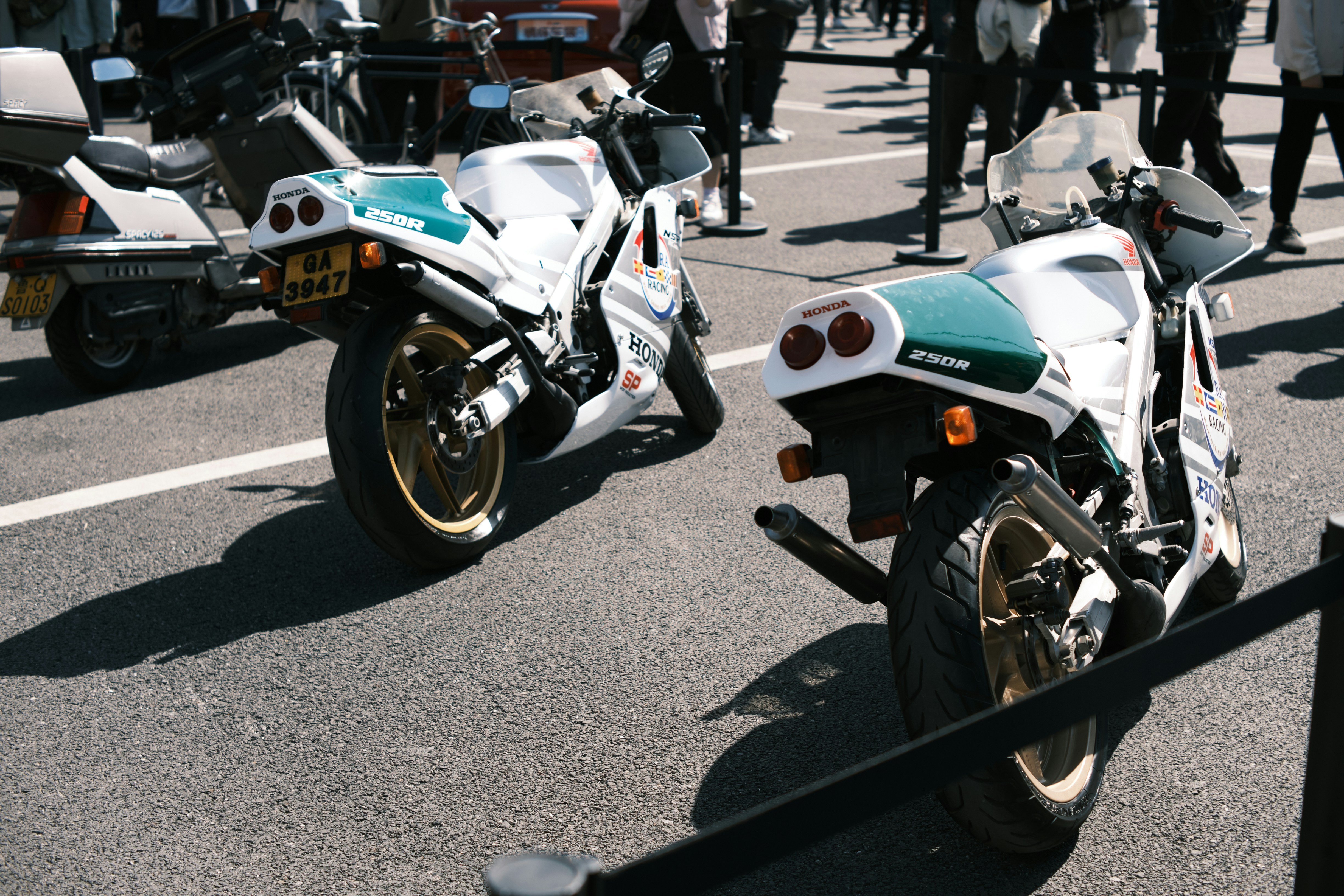 a group of motorcycles parked next to each other