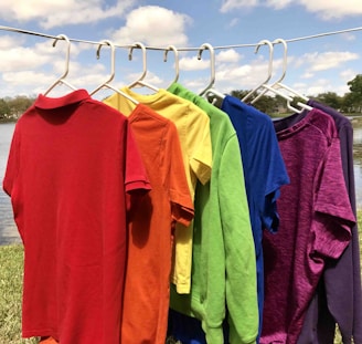 A row of colorful t-shirts hanging on a clothesline outdoors, with a scenic background of a lake and trees under a partly cloudy sky. The shirts are arranged in a rainbow sequence, showcasing red, orange, yellow, green, blue, and purple hues.