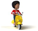 A cartoon character with an afro hairstyle is happily riding a yellow scooter. They are wearing a red shirt with a star symbol and colorful shoes, looking forward with a cheerful expression.