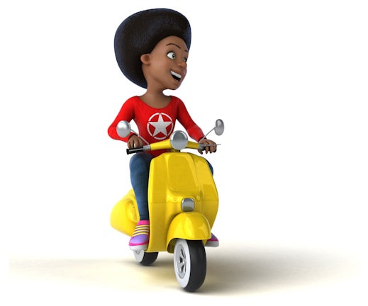 A cartoon character with an afro hairstyle is happily riding a yellow scooter. They are wearing a red shirt with a star symbol and colorful shoes, looking forward with a cheerful expression.