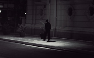 A shadowy figure tailing a person along a narrow European street during twilight.