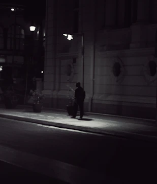 Shadowed figure capturing evidence on a city street at night.