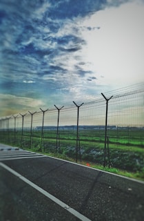 A wire fence stretches alongside a road, separating it from a vast field. The sky above is partly cloudy with blue and white hues, creating a calm atmosphere.