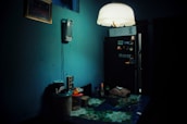 A dimly lit kitchen with a dark teal wall partially illuminated by a hanging ceiling lamp. On the left, a wall-mounted appliance, possibly a phone or intercom, hangs above a counter cluttered with various kitchen items, including containers and a cutting board. The right side features a black refrigerator adorned with magnets and notes.