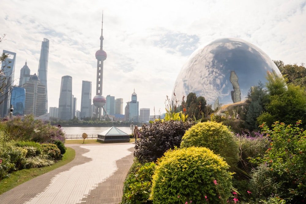 a view of a city from a park