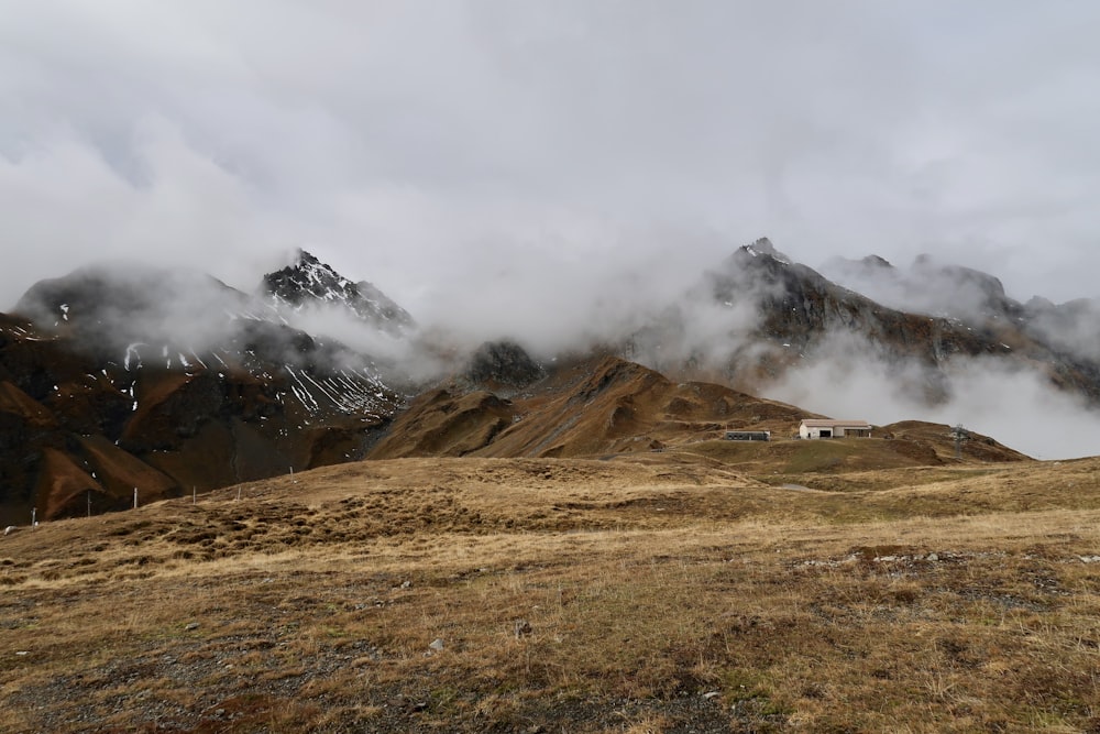 a grassy field with mountains in the background