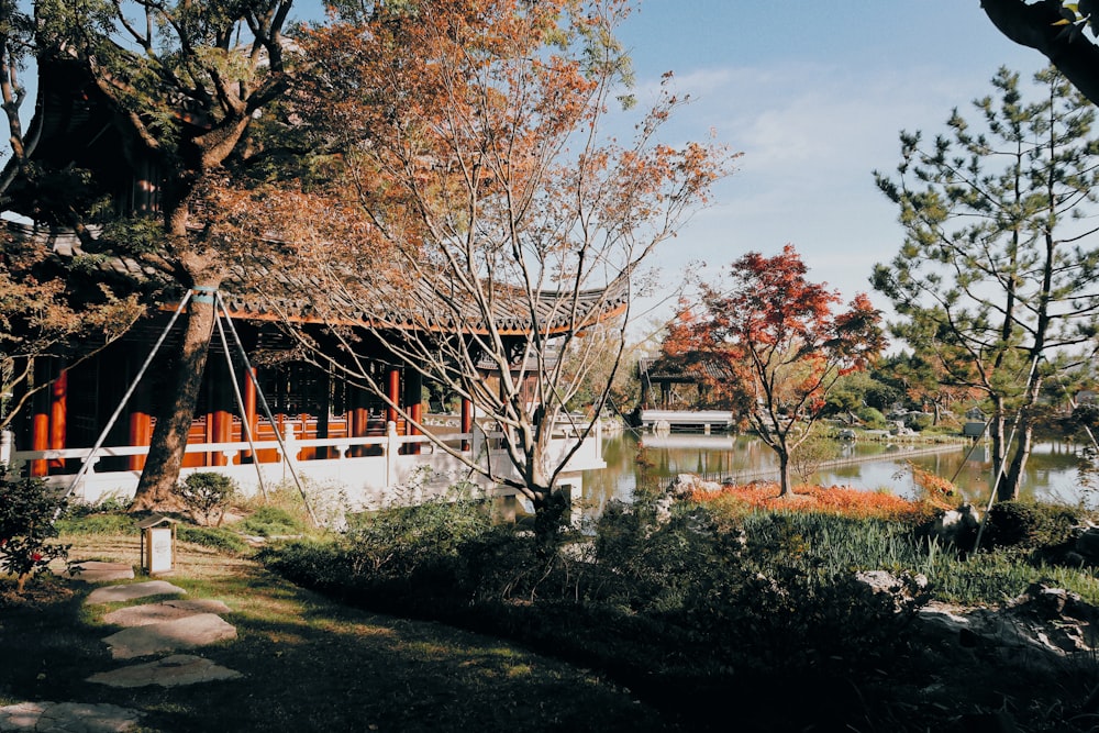 a building with a pond in front of it