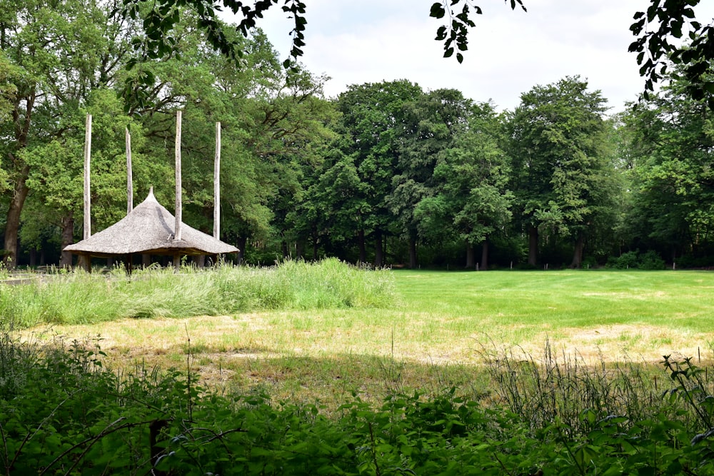 a gazebo in a grassy field with trees in the background