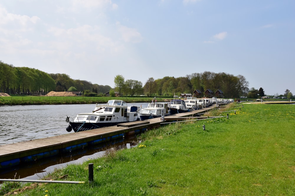 a row of boats docked at a pier next to a body of water