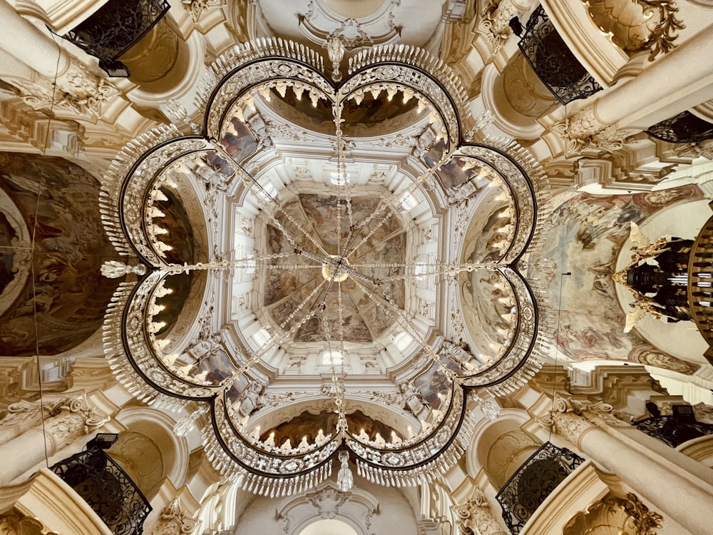 a view looking up at the ceiling of a building