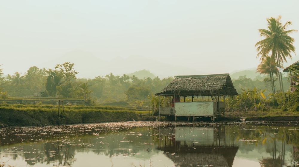 a small hut sitting on the side of a river