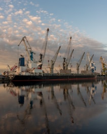 a large boat in the water with cranes in the background