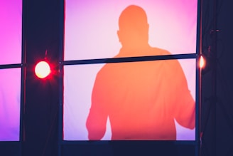 A silhouette of regal rhythm against soft stage lights, the rainbow hues subtly glowing in the background.