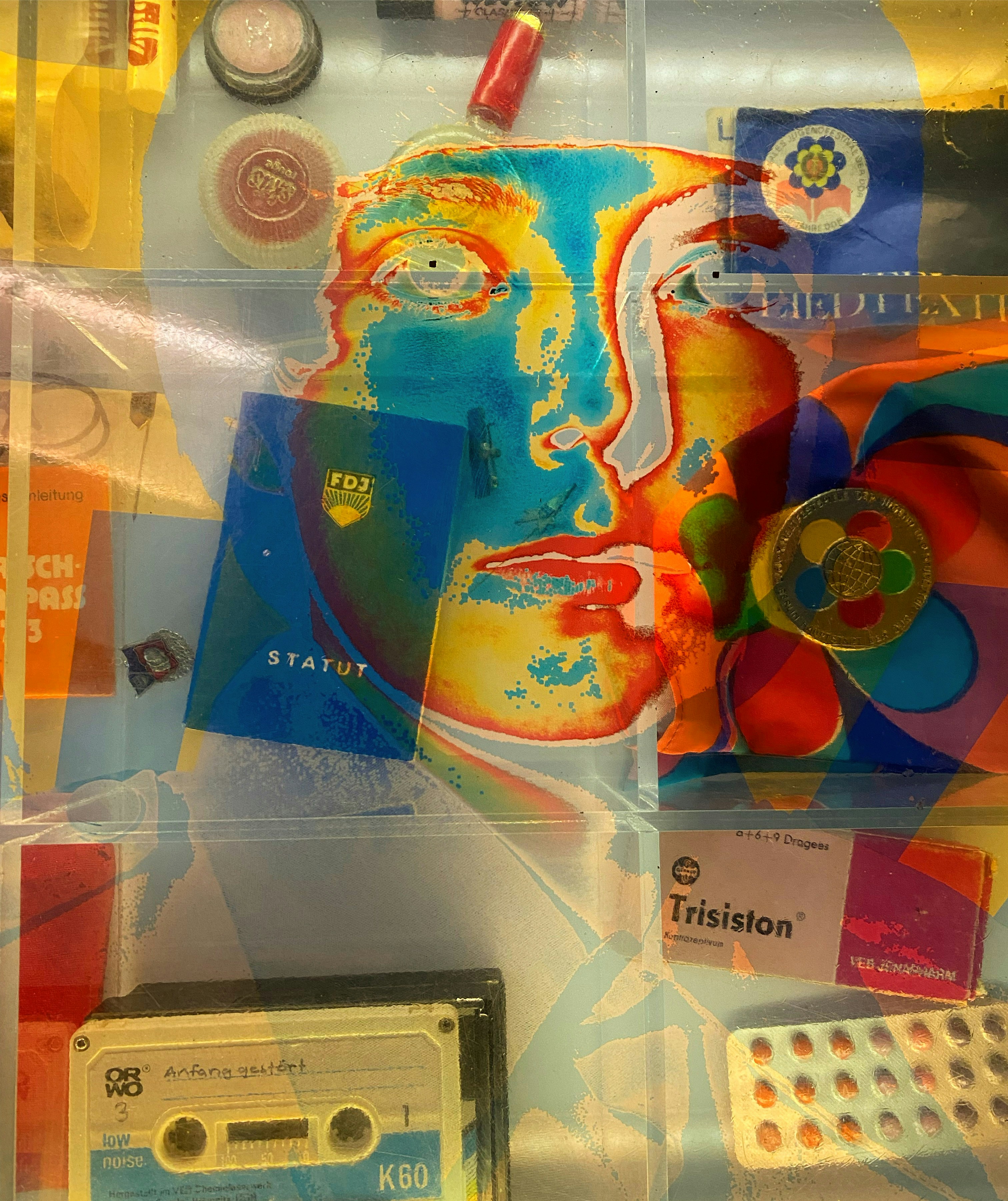 a display case with various items in it