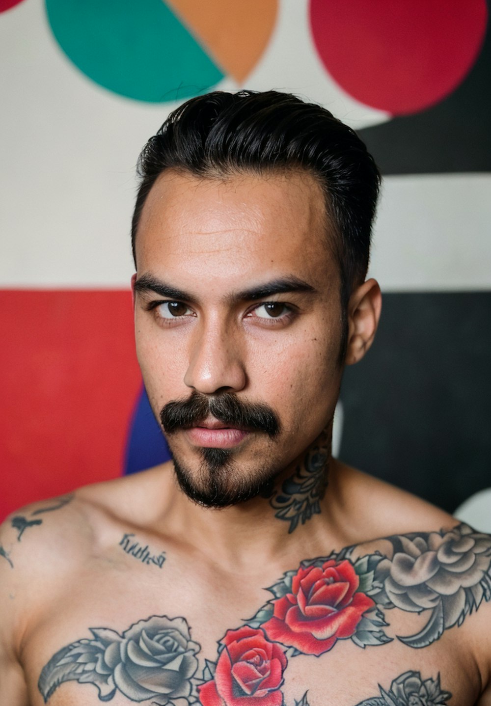 a man with a rose tattoo on his chest