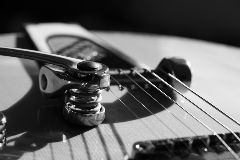 a black and white photo of a guitar