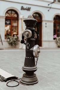 A black, ornate fire hydrant is positioned in the middle of a paved street, with a backdrop of a building that features arched windows and decorative elements. The hydrant is adorned with chains and metal caps. The color palette is muted, giving the scene a vintage look.