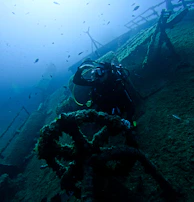 A scuba diver explores an underwater shipwreck surrounded by marine life. The scene is illuminated by blue and green hues, with small fish swimming around. The diver's suit and gear are clearly visible amidst the decaying structure of the wreck.