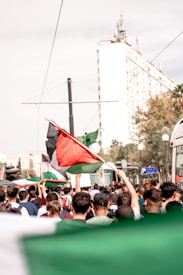 A crowd of people gathers in the street, raising flags that are predominantly red, green, black, and white. The individuals are facing away, capturing a sense of unity and movement towards a goal. The urban setting features a large building in the background, partially obscured by trees. Overhead cables and city signs are visible, suggesting a public demonstration or protest.