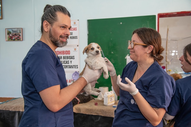 a man holding a small dog in a room