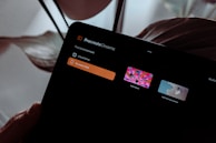 A digital tablet screen displays the Procreate Dreams application. The interface shows options like iCloud Drive and a section 'на моем iPad'. Two thumbnail images are visible, each representing a different artistic project: 'Spark dream' with colorful abstract art, and 'Into The Future dream' featuring an illustration of a character's profile. The background features leaves, suggesting a natural or indoor plant setting.