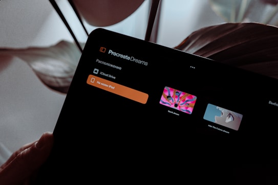 A digital tablet screen displays the Procreate Dreams application. The interface shows options like iCloud Drive and a section 'на моем iPad'. Two thumbnail images are visible, each representing a different artistic project: 'Spark dream' with colorful abstract art, and 'Into The Future dream' featuring an illustration of a character's profile. The background features leaves, suggesting a natural or indoor plant setting.