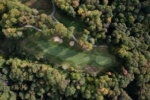 Aerial view of a lush, green golf course surrounded by dense forest. Pathways wind through the trees, leading to golf greens and sand bunkers. The forest displays a mix of vibrant green and autumn colors, adding a picturesque contrast to the carefully maintained fairways.