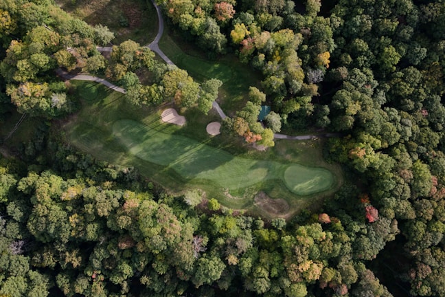 Aerial view of a lush, green golf course surrounded by dense forest. Pathways wind through the trees, leading to golf greens and sand bunkers. The forest displays a mix of vibrant green and autumn colors, adding a picturesque contrast to the carefully maintained fairways.
