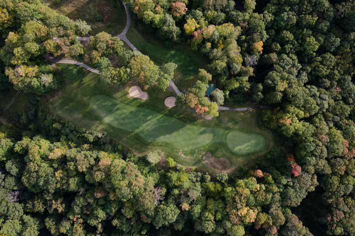 an aerial view of a golf course surrounded by trees
