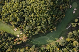 An aerial view of a beautifully designed golf course surrounded by trees and water features.