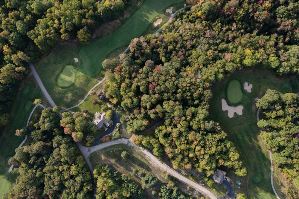 an aerial view of a golf course surrounded by trees