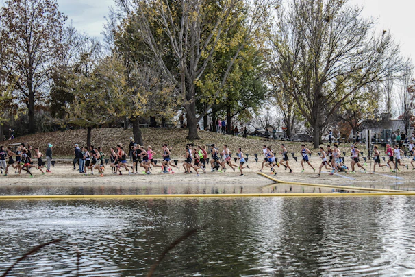 Athletes participating in a well-organized running event along a coastal trail under clear skies.