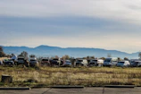 An array of vehicles parked neatly outside a modern rental office with mountains in the background.