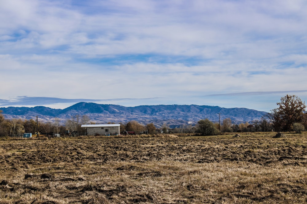 a field with a house and mountains in the background