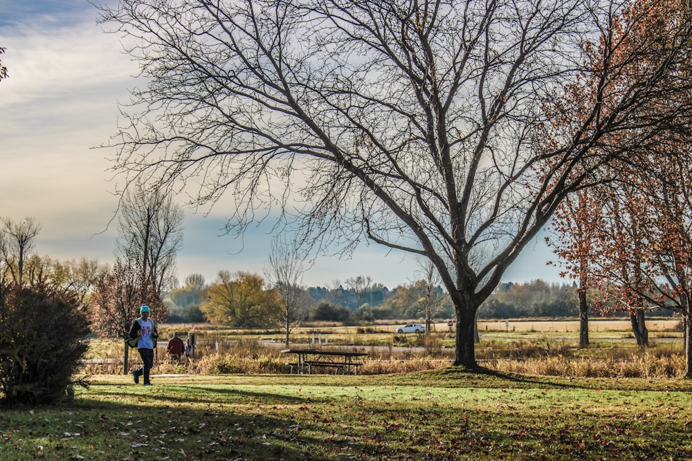 a couple of people walking across a lush green field