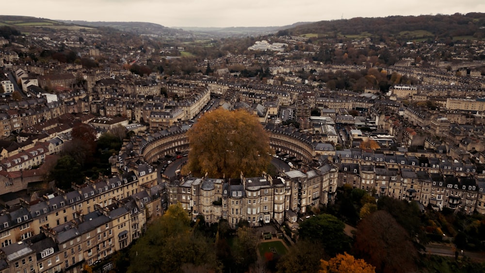 an aerial view of a city with lots of buildings