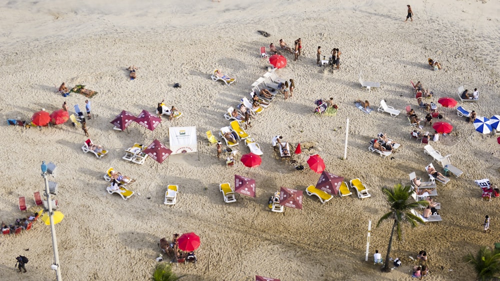 un gruppo di persone sedute in cima a una spiaggia sabbiosa