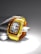 A luxury watch featuring a transparent yellow strap and casing, showcasing intricate gears and dials on a dark, detailed face. The watch is displayed against a contrasting background of metallic and stone textures, highlighting its craftsmanship.